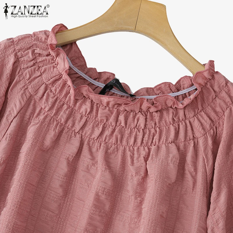 ZANZEA Women Blouse Summer Tops Solid Color Puff Sleeve2025 O Neck Tunic Female Shirts Loose Casual OL Work Blusas Oversized
