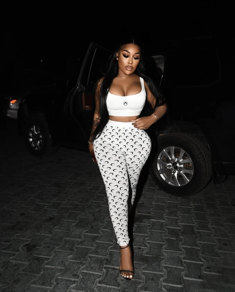 STYLISH LADY Moon Printed Sports 2 Piece Set Women Sleeveless Crop Top and Skinny Pant Suits 2025 Summer Street Fitness Outfits