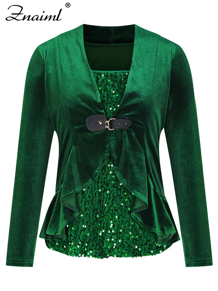 Znaiml Elegant Velvet Long Sleeve Square Neck Pullover T-Shirts Women's Sequin Patchwork Blousers Top Sexy Night Club Outfits