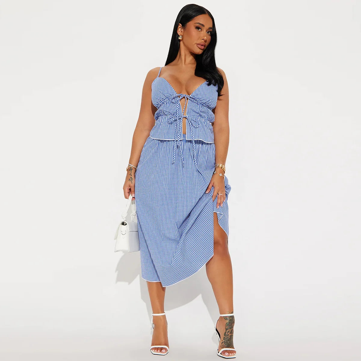 Y2K Striped Printed Lace Up Sleeveless Cropped Top Two Piece Set for Women