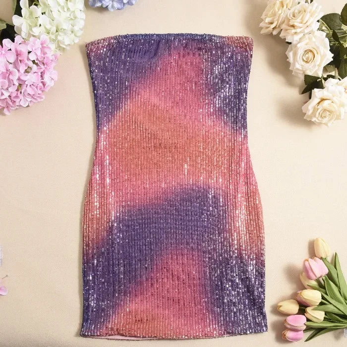 Mini Dress for Women Fashion Sexy Spicy Girl Strapless Sleeveless Hollowed Out Backless Party Sequin Dresses 2025 Summer New