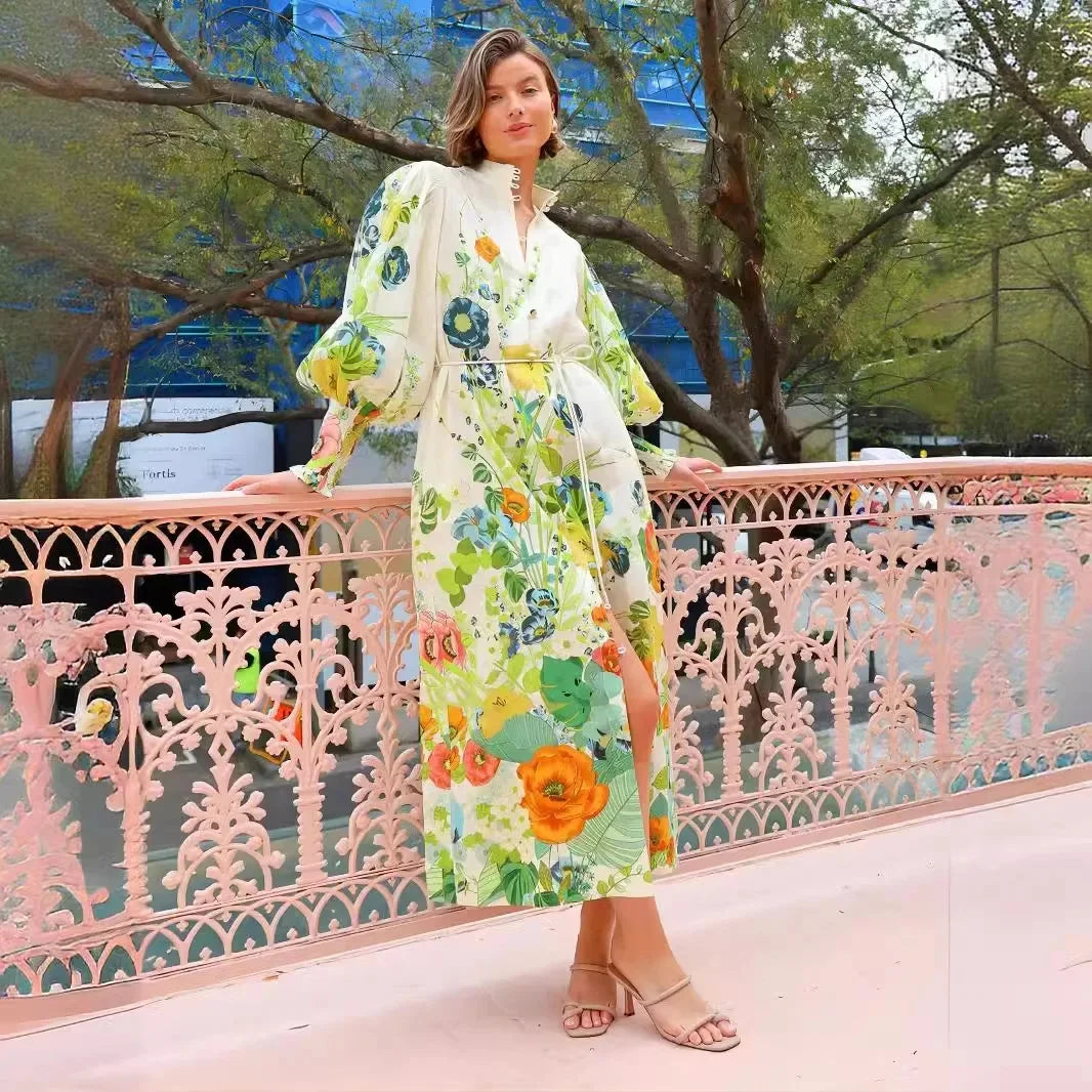 Waist-Cinching Long Lantern Sleeve Printed Dress with Belt Single Button Closure Independent Station Cross-Border Hot Sale Of Th