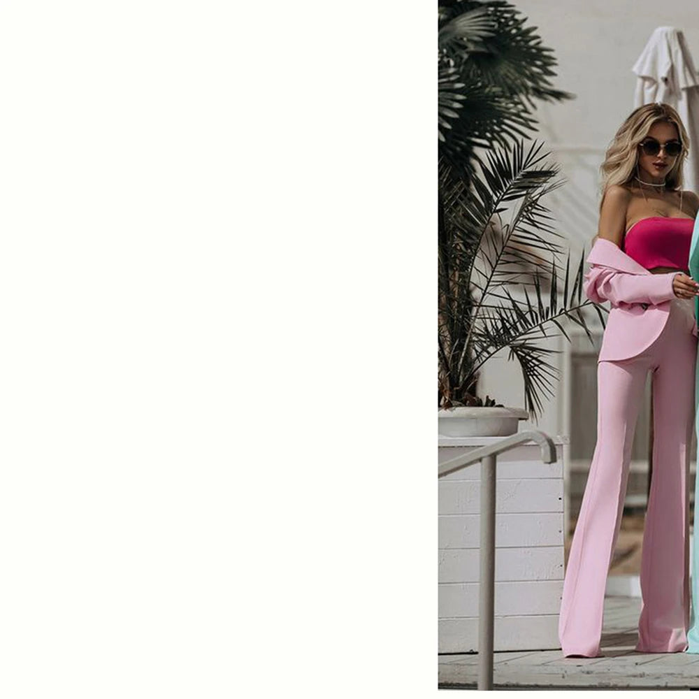 Fashion Chic Pink Blue Suit for Women Single Breasted 2 Piece Jacket Pants Female Clothing Slim Fit Office Lady Blazer Set