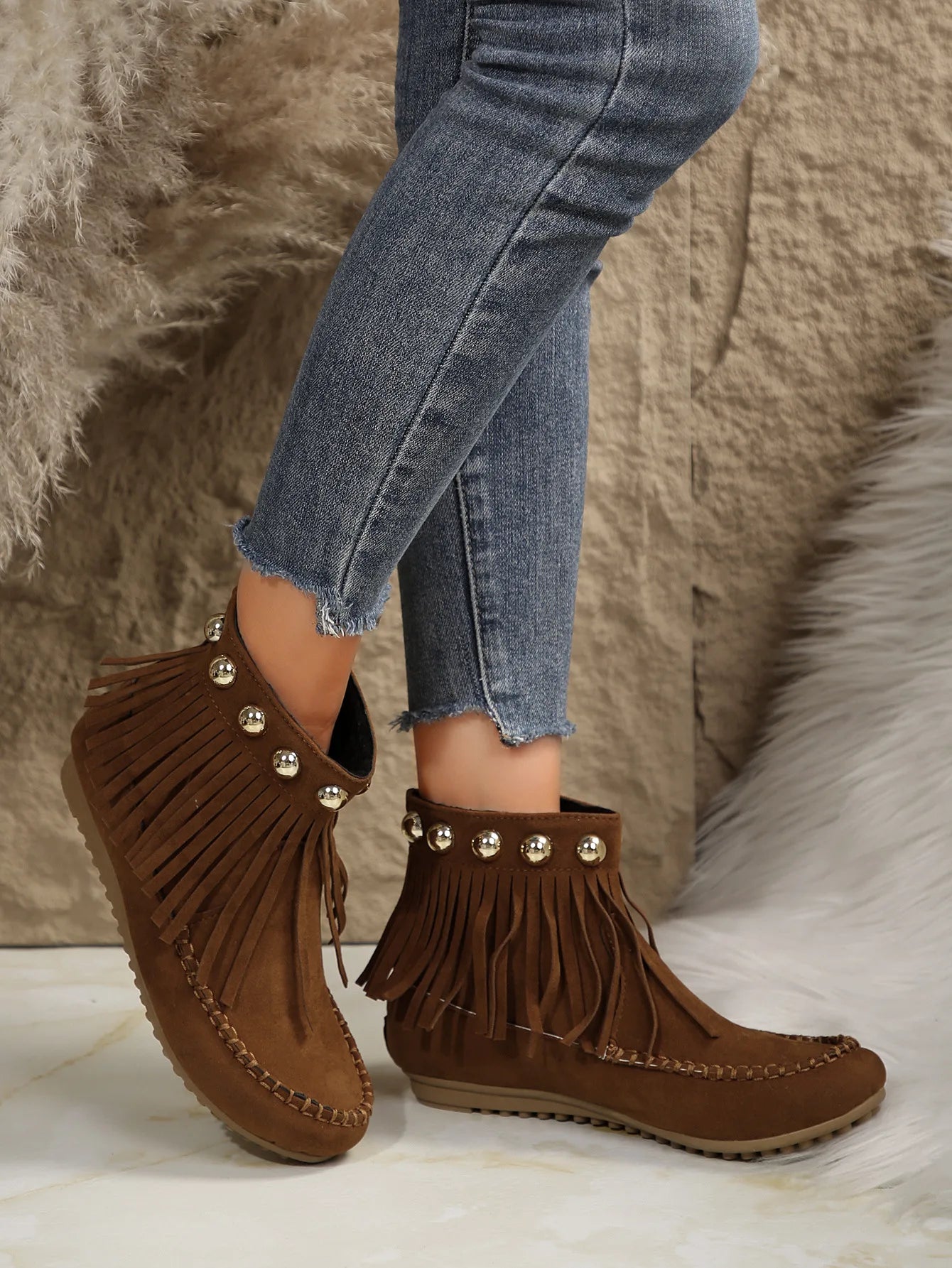 Women Boots Winter New Vintage Fringe Ankle Boots Women Side Zipper Casual Shoes Round Toe Ladies Snow Boots Zapatos De Mujer