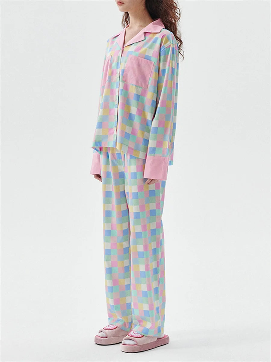 Women 2 Piece Pajamas Set Colorful Plaid Print Long Sleeve Button up Shirt and Elastic Pants for Loungewear Soft Sleepwear Pjs