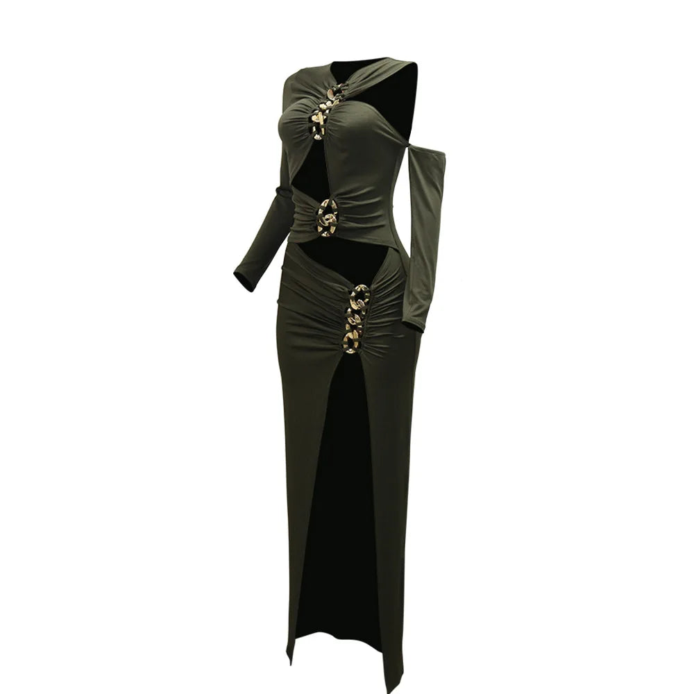 Joskaa Elegant Metal Decoration Hollow Birthday Dress Woman Sexy Irregular Full Sleeve High Split Maxi Dresses 2025 Clubwear