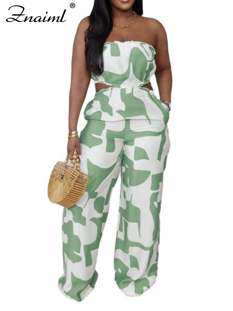 Znaiml Strapless Off Shoulder Hollow Out Green Printed Wide Leg Pants Jumpsuits Women Sexy Beach Vacation Summer Party Overalls
