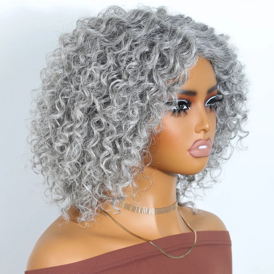 Lekker Gray Short Afro Kinky Curly Bob Middle Part 100% Human Hair Wigs For Women Brazilian Remy Hair Glueless Daily Mom Wigs
