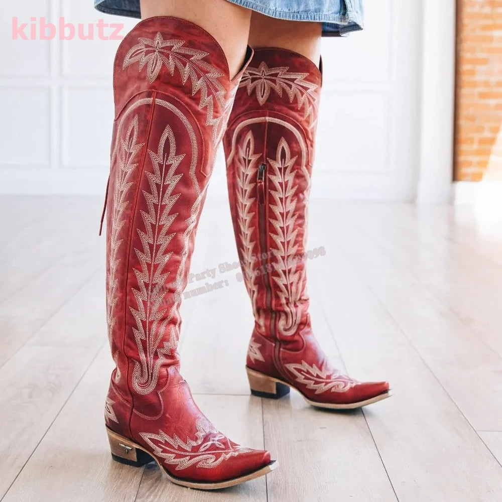 Rivet Cowboy Vintage Boots Over The Knee High Embroidery Lace-Up Luxury Leather Pointed Toe Chunky Heels Fashion Concise Shoes