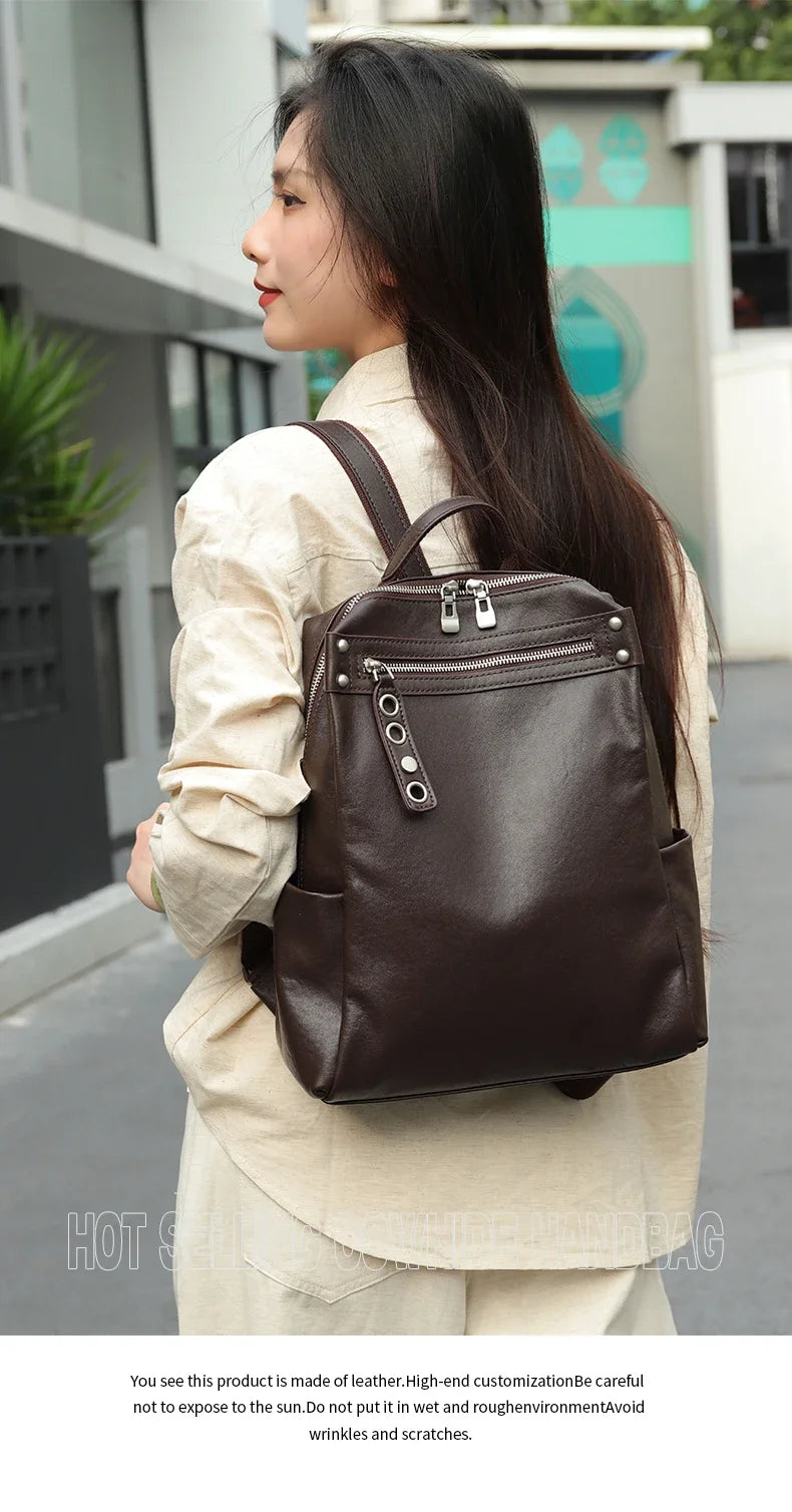 Women's Natural Cow Leather Backpacks Lady Cowhide Design Large Capacity Bags Female Retro Fashion Versatile Backpacks Ladies