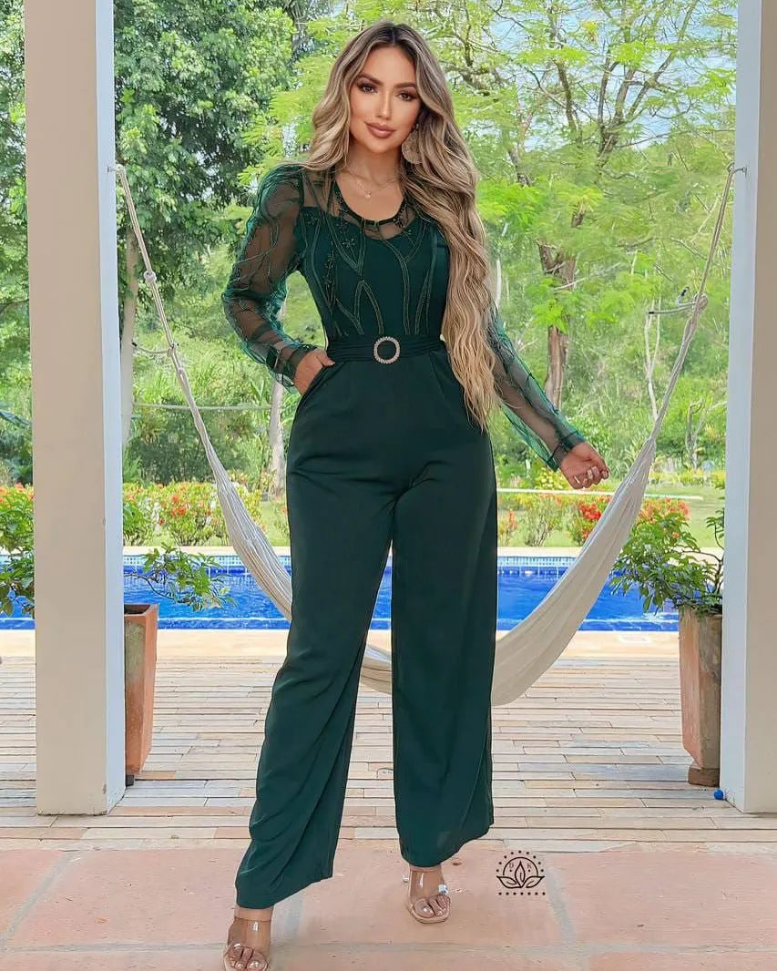 Elegant Patchwork Wide Leg O-neck Jumpsuit for Women