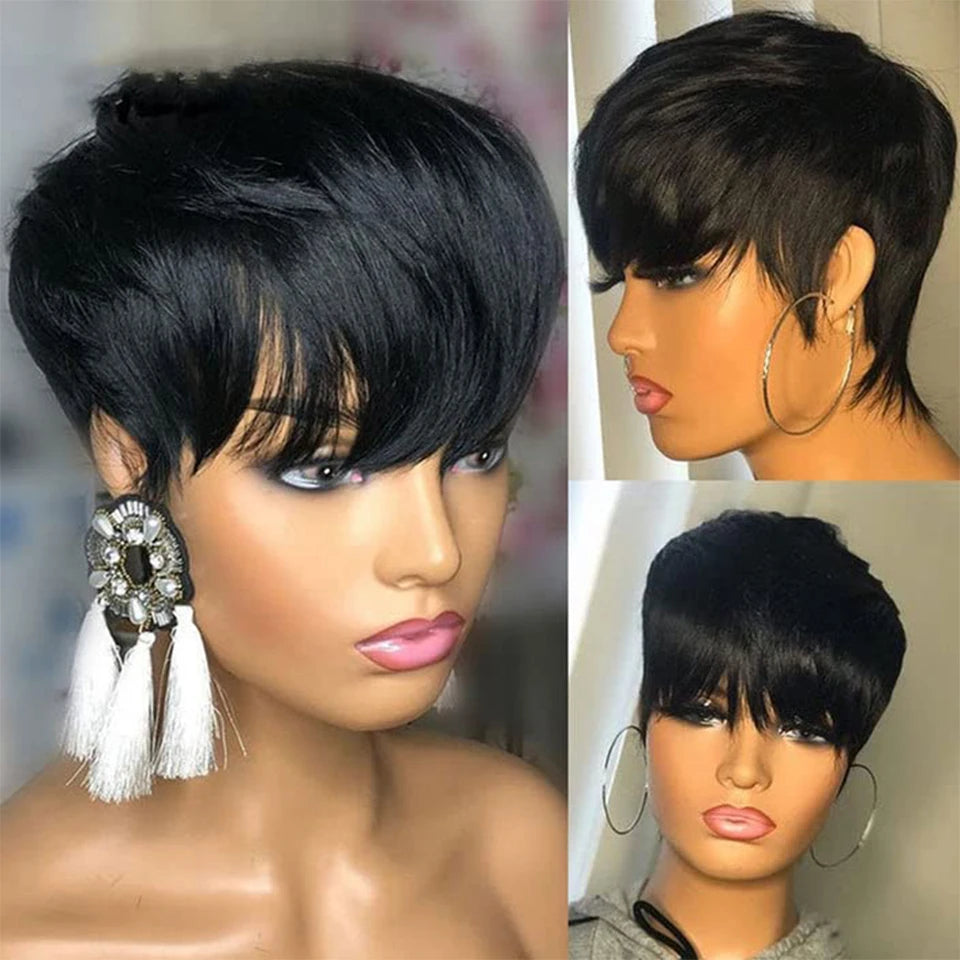 Dark Red Pixie Cut Wig 1B/99J Human Hair Short Bob Wig With Bang Brazilian None Lace Wigs For Women Full Machine Human Hair Wig