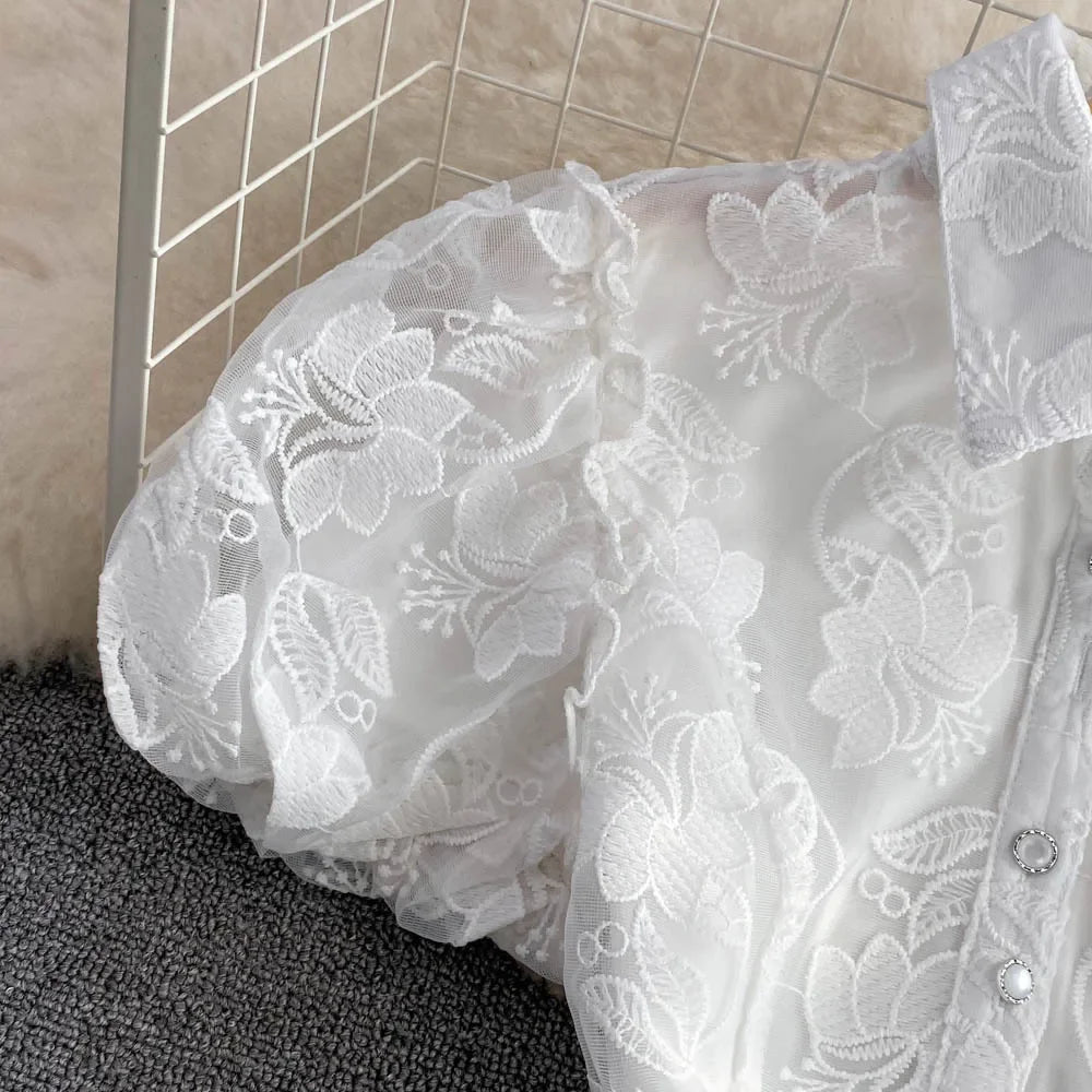 Vintage Elegant Lapel Single-Breasted White Embroidery Puff Sleeve A- Line Cake Dress Cross-Border Summer 2022
