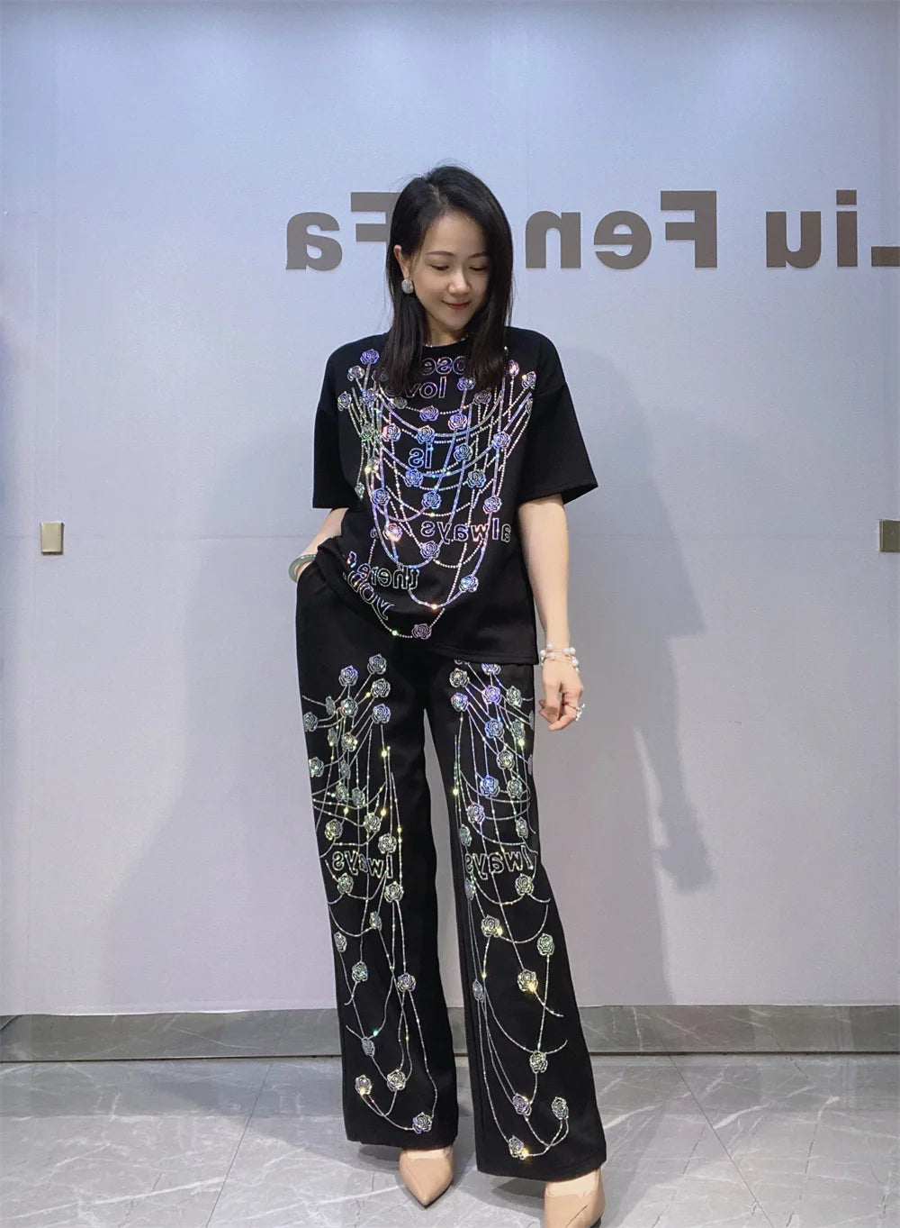 Elegant Lady Summer Two-piece Set Luxury Space Cotton Hot Diamonds Loose Short Sleeve T-shirt Top + Elastic Waist Wide Leg Pants