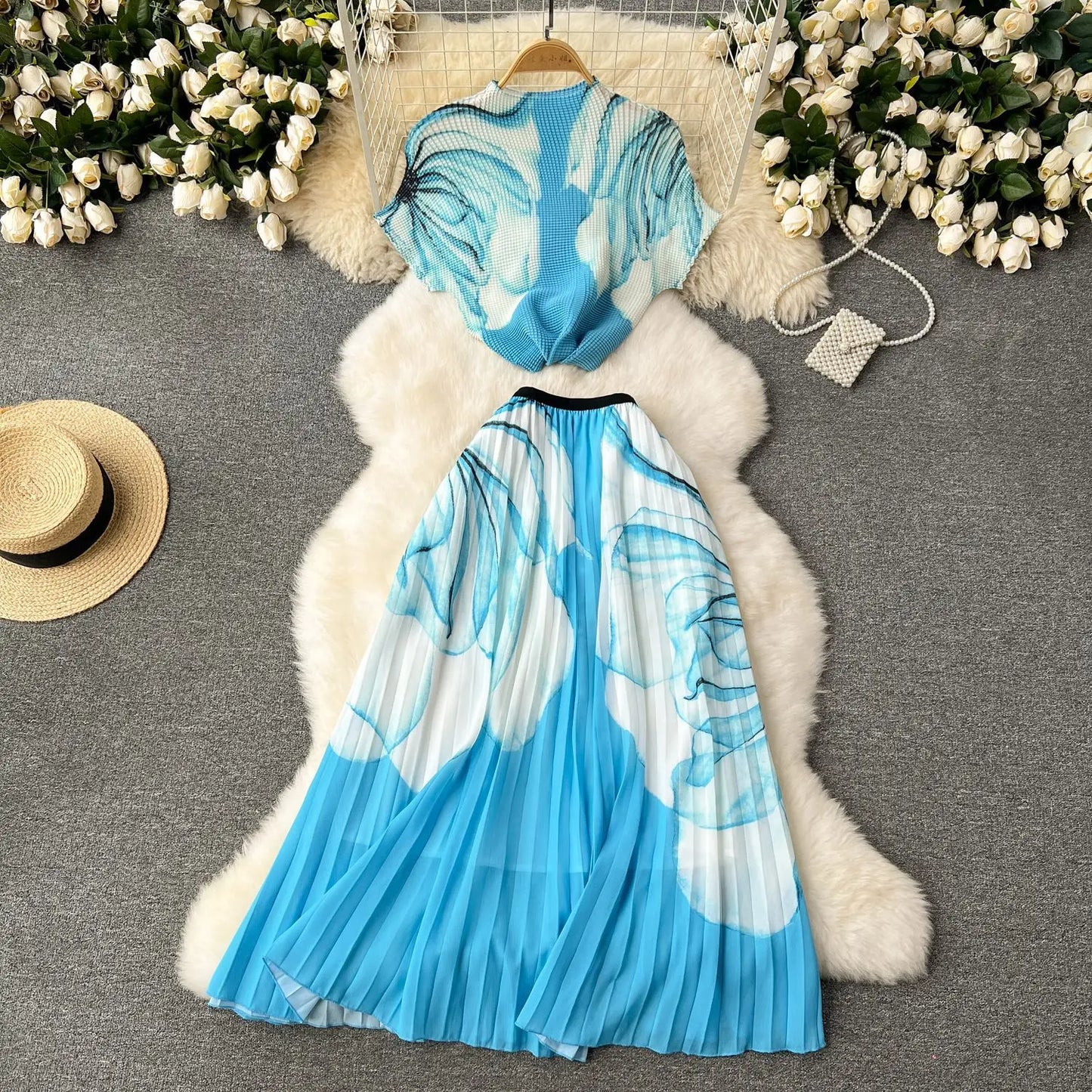 Summer Contrast Color Miyake 2 Pieces Set Women's Short Sleeve High Stretch Pullover Shirt Top+Long Pleated Chiffon Skirt Suit
