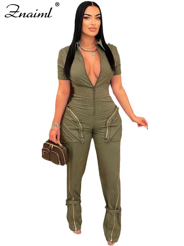 Znaiml Safari Style Short Sleeve Zipper Pocket Jumpsuit Women Fashion Cargo Pants One Piece Overalls Streetwear Playsuit Rompers