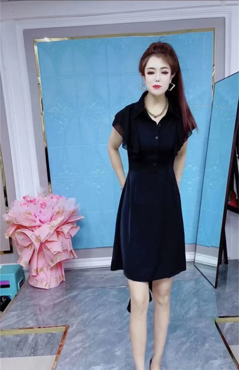 Fashion Dress Set Women's 2024 Summer New Polka Dot Style Sweet and Slim Ruffle Dress+Apron Two Piece Set Black V-Neck Dress Lad