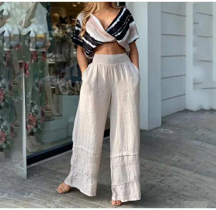 2 Piece Sets Womens Outfits Elegant V-neck Navel Exposed Bat High Waist Sleeve Flared Pants Suits Streetwear 2024 Summer New