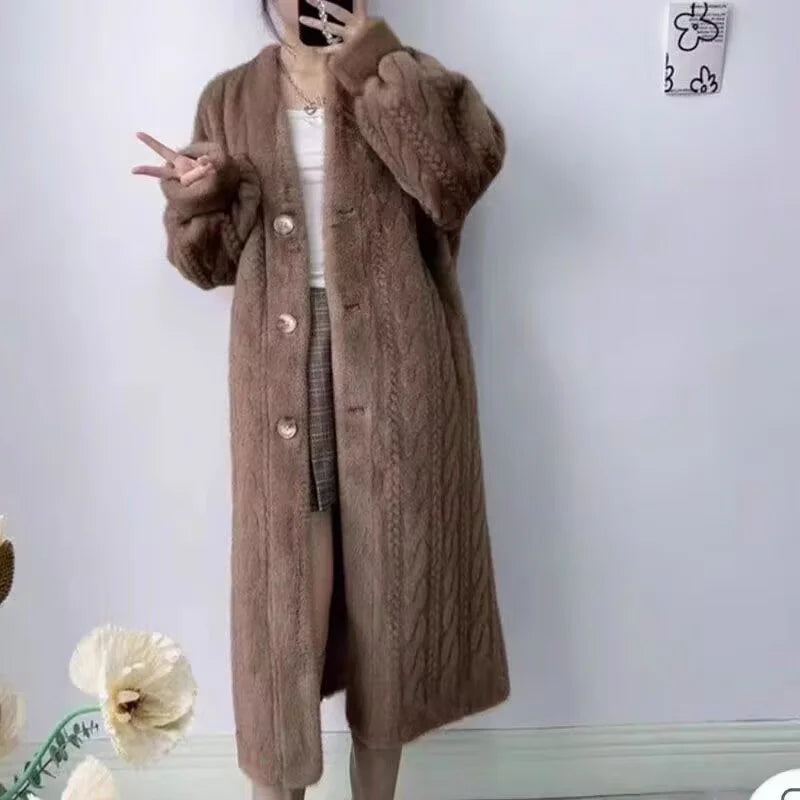  2025 Winter New Thick Women's Long Imitation Mink Plush Cardigan With Integrated Fur Eco-Friendly Hooded Fur Coat Solid Color
