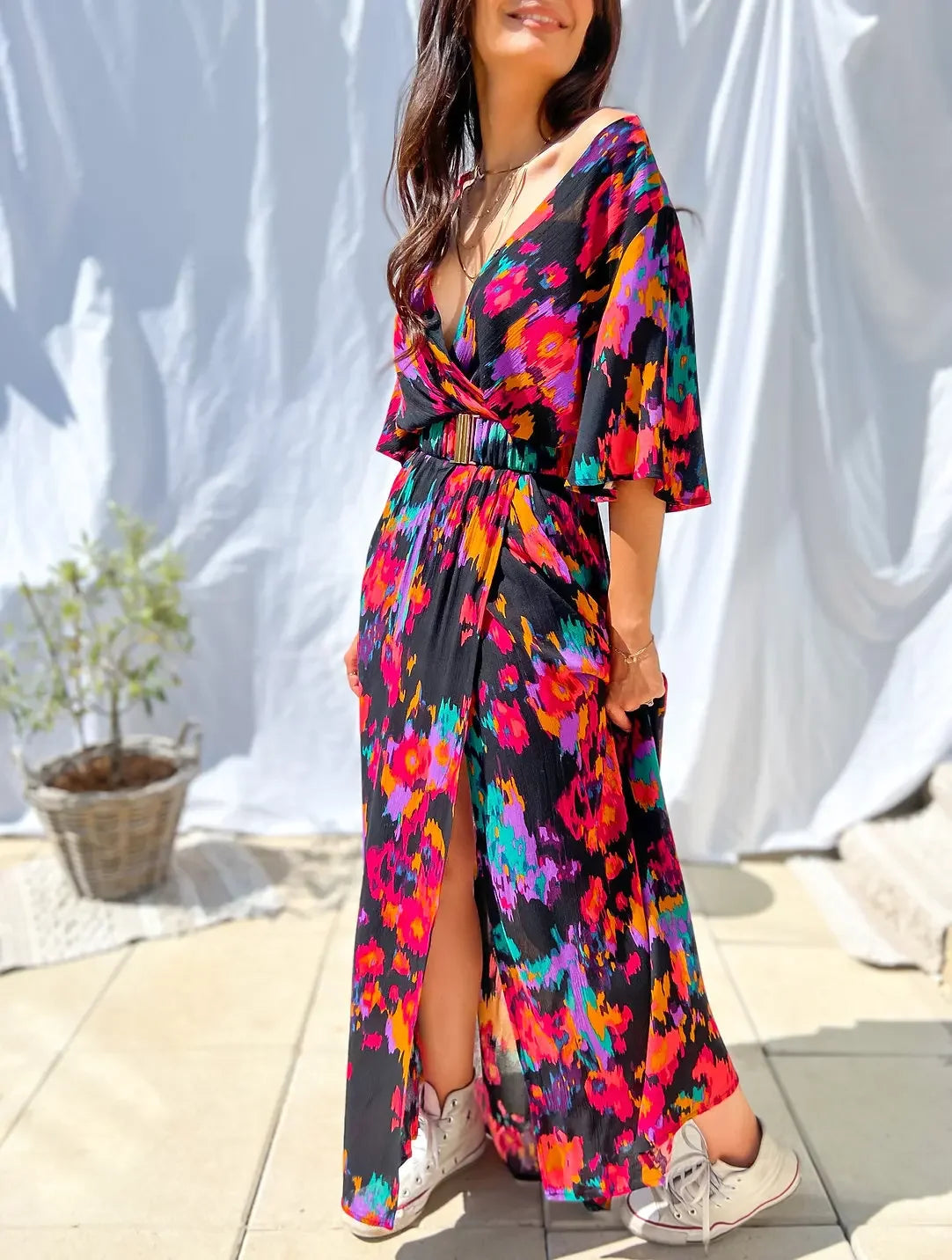2023 Summer Elegant V-Neck Belt-Printed Long Dress From Amazon's Independent Store Wish Asia Exquisite Craftsmanship Slim Fit