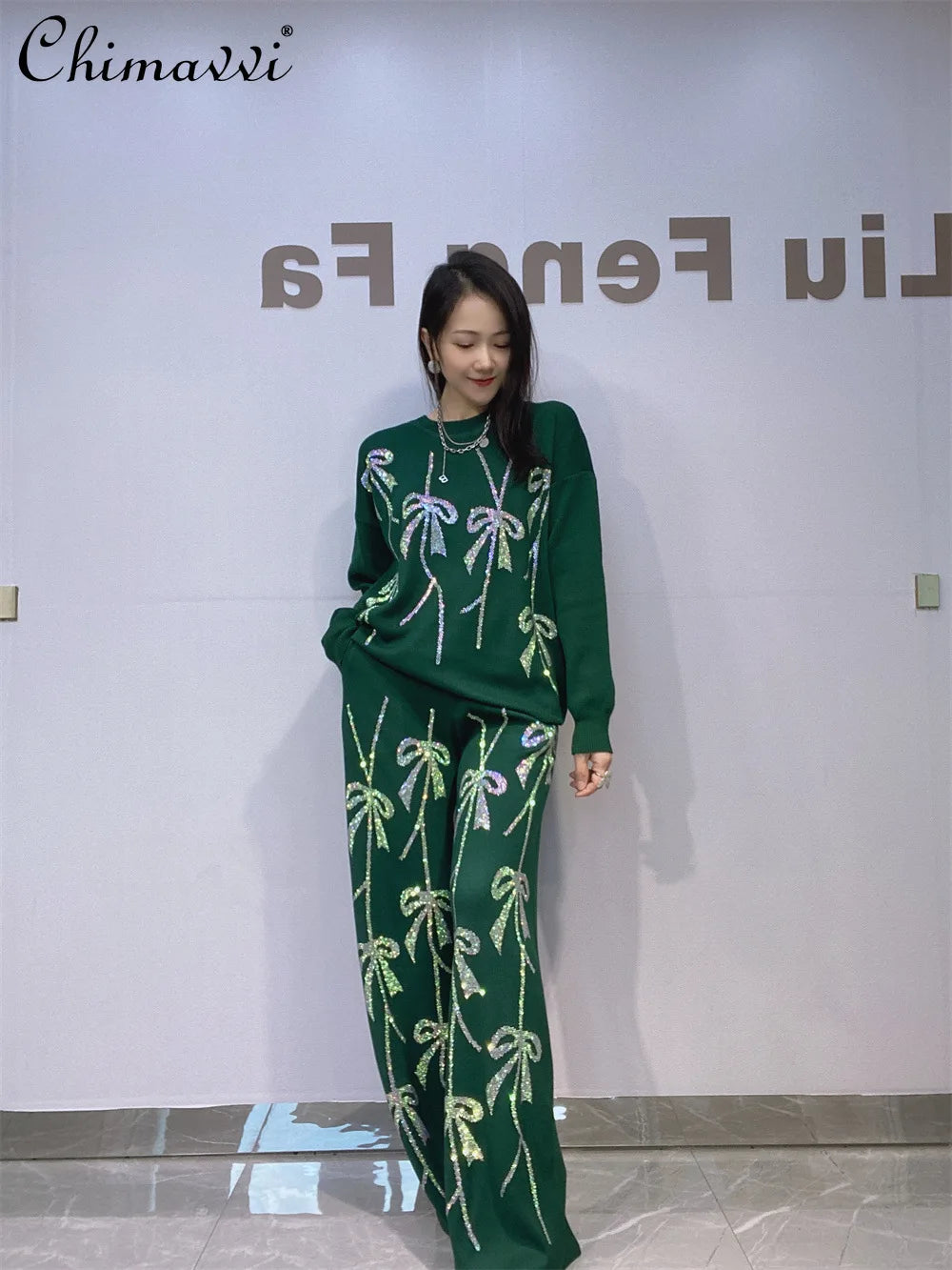2025 Autumn New Fashion Rhinestone Knitted Two-Piece Set Loose Women's Top Casual Wide-Leg Pants Ladies Long Pants Suit