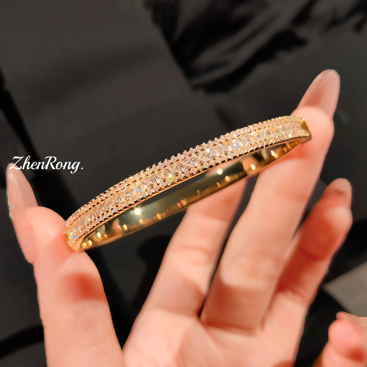 Elegant Gold Tone Paved Zirconia Bangle Bracelet for Women