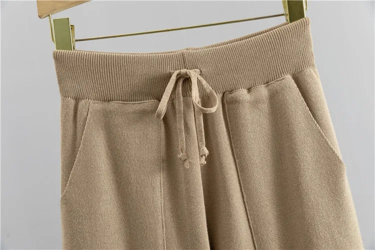 2 Piece Sets Women Knitting Outfits V Neck Pullover Sweater Pockets Drawstring Pencil Pants Slim Fit Suit Casual Knit Ensemble