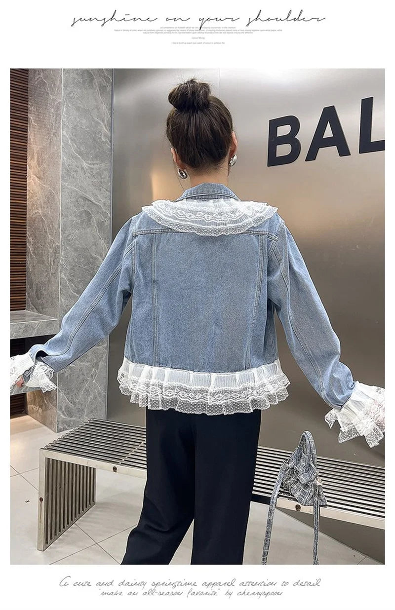 2025 Spring Autumn Women's Nail Bead Short Denim Jacket Female New Korean Version Design Sense Fashionable Lace Edge Jacket Top