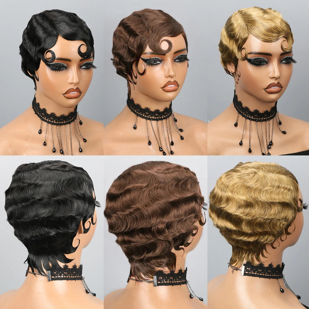 Short Finger Wave Wig Human Hair Wigs For Women 180% Density Brown Short Ocean Wave Wig Pixie Cut Wigs for Woman Natural Look
