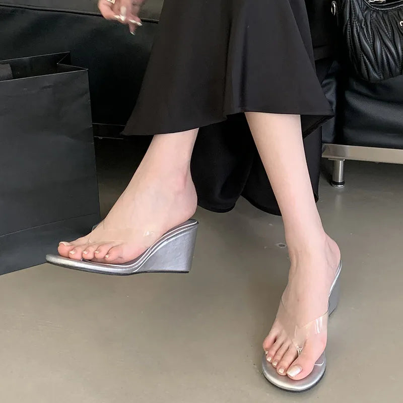 Fashion Transparent Women Wedges Slippers Shoes Female Flip flops Sandals Slides Round Toe Ladies Wedges Slippers Shoes Pumps