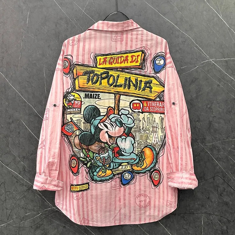 Spring and Summer New Cartoon Design Striped Long-sleeved Shirt Women's Loose Sweet College Style Long Pink Top Single Breasted