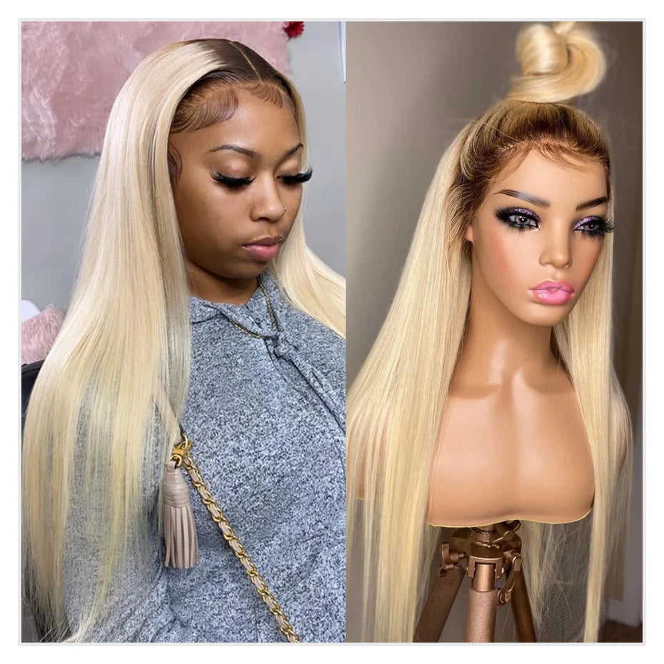13x6 Lace Frontal Wig Brazilian Straight Full Lace Human Hair Wig 2 Tone Dark Root 1B 613 Ombre Blonde Lace Front Wigs for Women