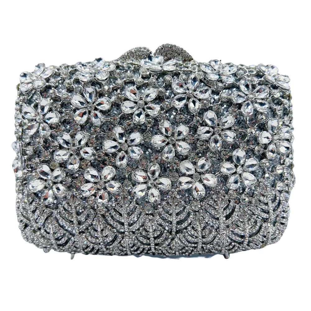 XIYUAN Hot-selling Luxury Carved Lilac Flower Clutch Purse Full Diamond Evening Bag Women Wedding Bridal Handbag Party Purses