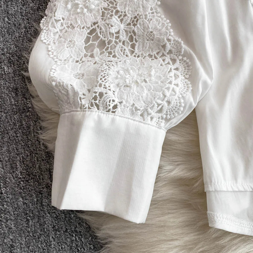 CM.YAYA Fashion Lace Embroidery Patchwork Women's Set Long Sleeve Shirt and Wide Leg Pants 2025 Vacation Two 2 Piece Sets Outfit