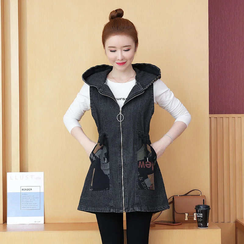 Mid-length Waist Collection Slimming Hooded Cowboy Vest Female 2024 Spring Autumn Korean Version Casual All-matching Vest Coat X