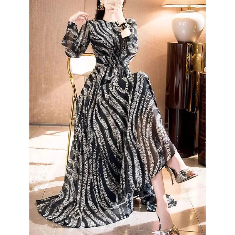 Fashionable Temperament Elegant Socialite Waist Cinching Big Swing Long Skirt Vnique Beautiful Mature Mature Queen Print Dress