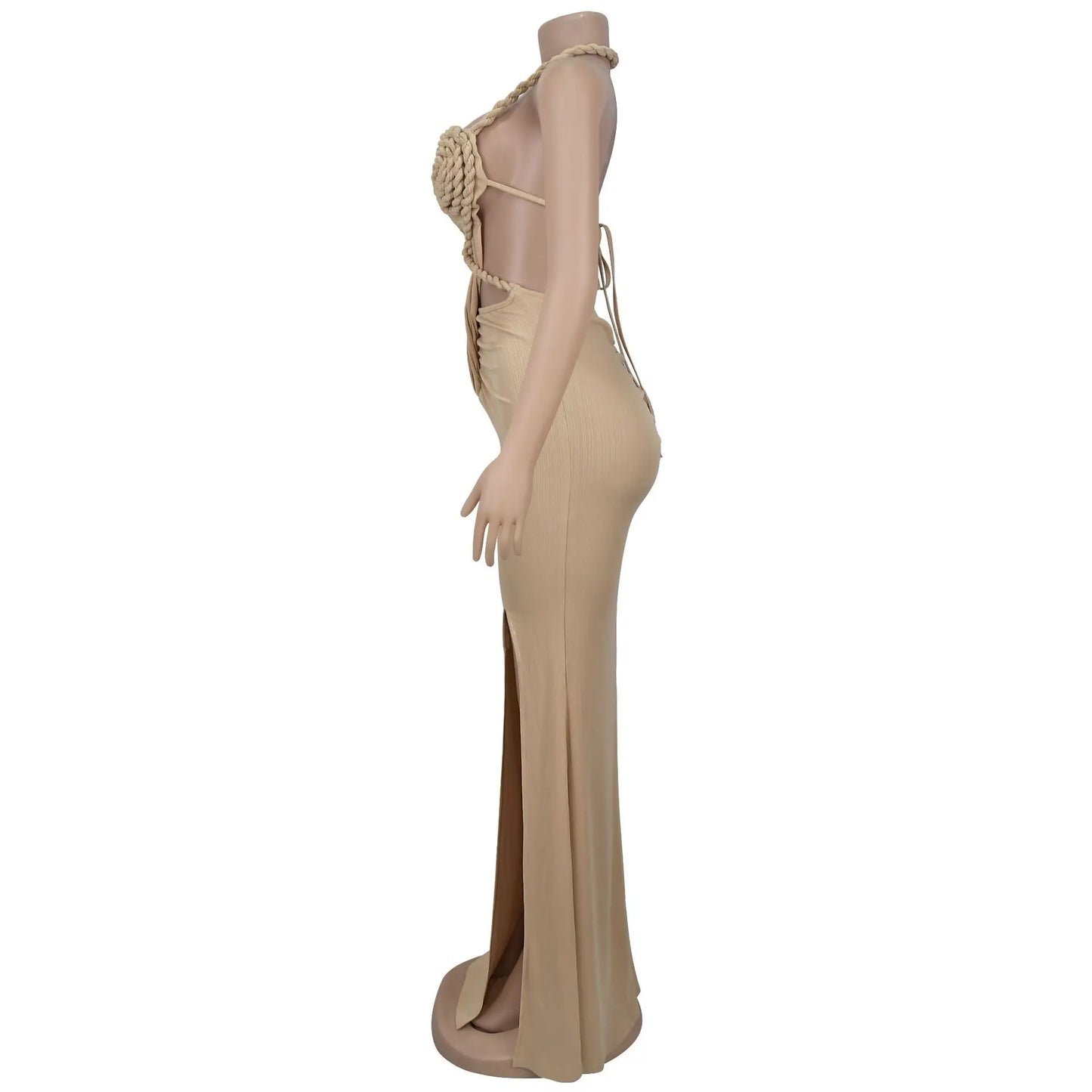 Joskaa Women's 2025 Summer Knit Halter Dress Sexy Hollow Backless Slit Bodycon Maxi Dresses Holiday Party Club Beachwear S-XXL