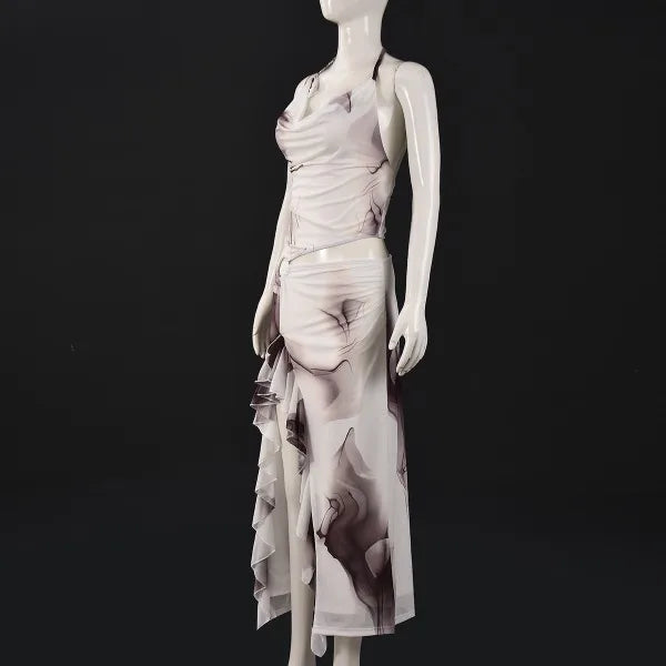 Sexy Evening Dress for Women Sleeveless Pile Collar Halter Print Ruffles Split Long Skirt Party Birthday Dresses New Summer 2025