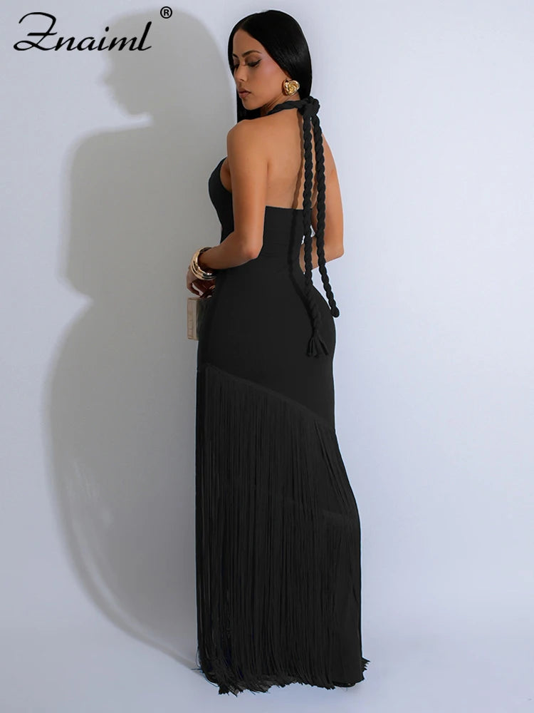 Znaiml Sexy Halter Backless Tassel Bodycon Blue Maxi Dress for Women Elegant Celebrity Birthday Party Evening Prom Formal Robe