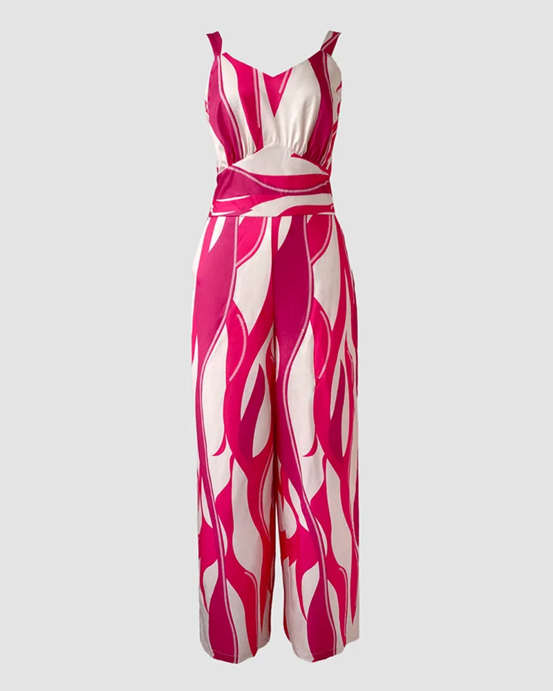 Women Geometric Print Casual Thick Strap Shirred Wide Leg Jumpsuits Femme V-Neck Sleeveless Overalls With Pockets Party Outfits