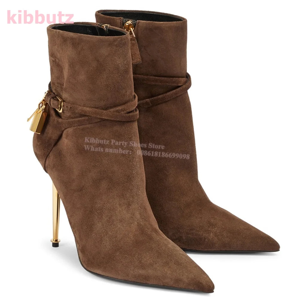 Metal Padlock Key Ankle Boots Genuine Leather Solid Color Pointed Toe Thin Heel Suede Side Zipper Fashion Runway Show Elegant