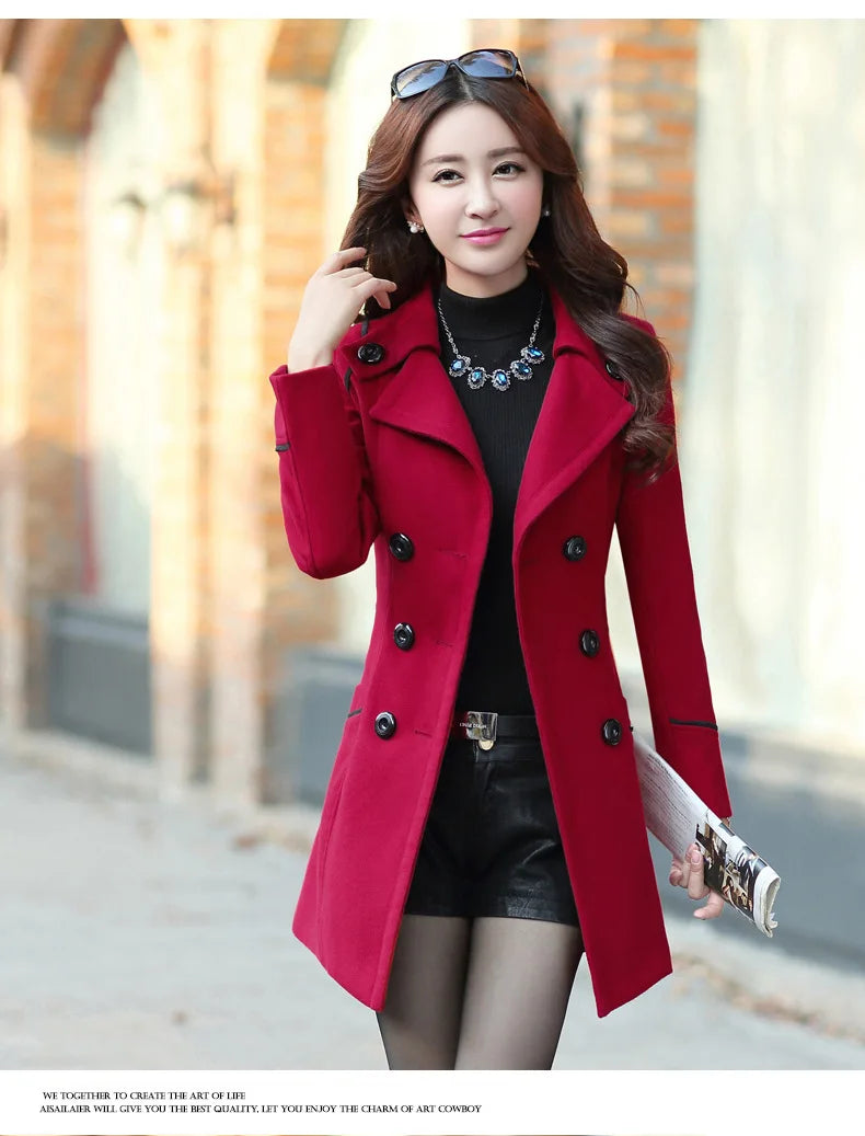 Autumn Winter Women Wool Coat 2024 Ladies Woolen Long Coat Female Fashion Slim-fit Double-Breasted Jacket with Belt S-3XL