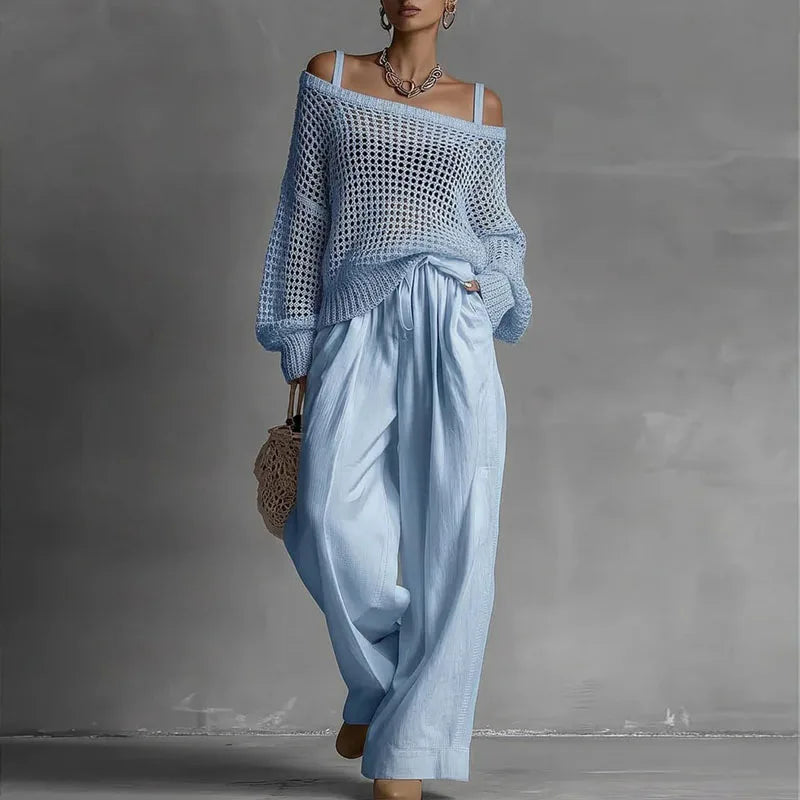 Summer Off Shoulder Crochet Knit Two Piece Set for Women