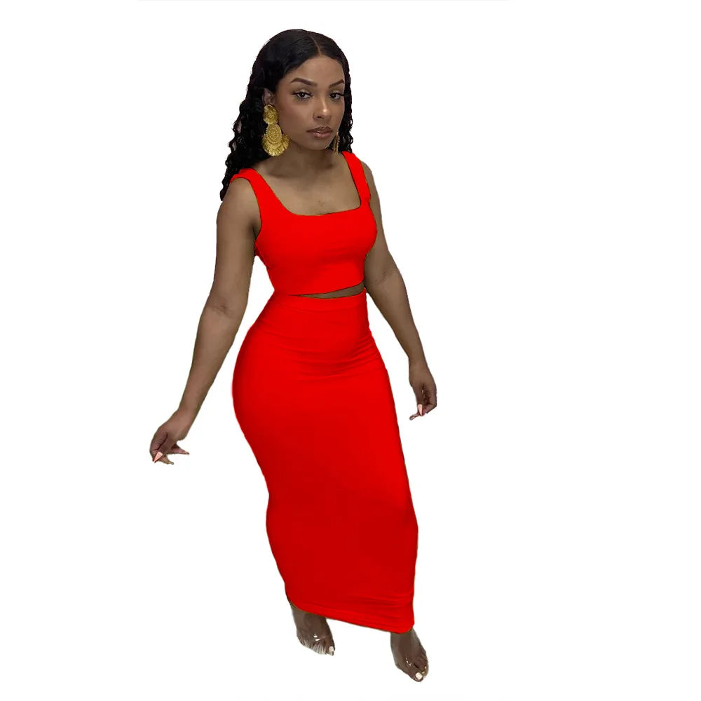 CM.YAYA Women Set Solid Sleeveless Strap Square Collar Crop Tops Stretchy Long Skirts Two Piece Set Sexy Fashion Outfits Summer