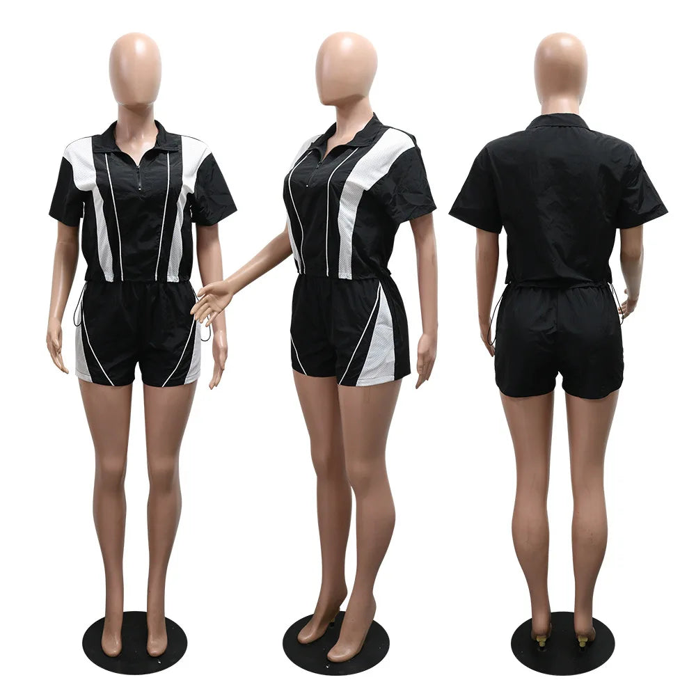 Joskaa 2025 Summer Women's Sporty 2 Piece Set Casual Patchwork Short Sleeve Top and Shorts Matching Tracksuits Y2K Streetwear