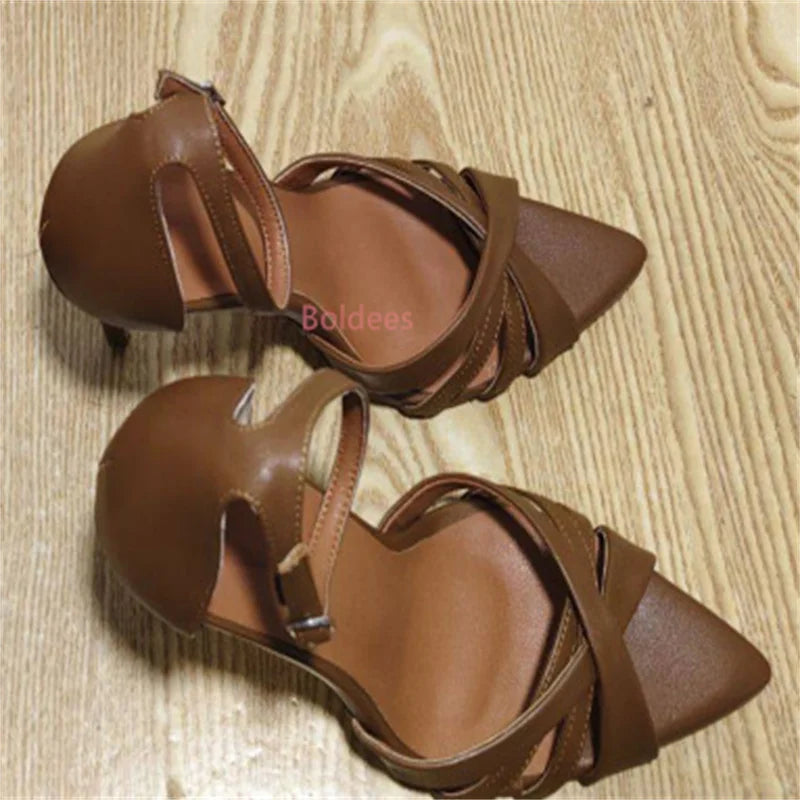 Elegant Nude Black Cross Strappy Crystal Buckle Sandals Thin Heels For Women