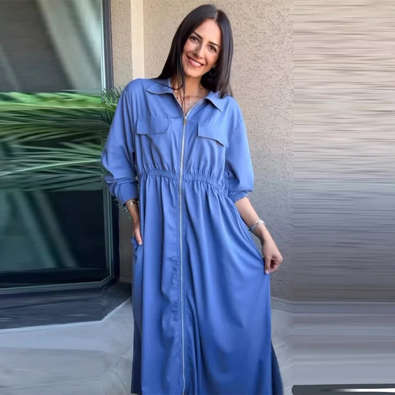 Women's Fashion Zipper Waist Long Dress Casual Solid Laple Full Sleeve A-line Long Robe Lady 2025 Autumn Chic Loose Streetwear