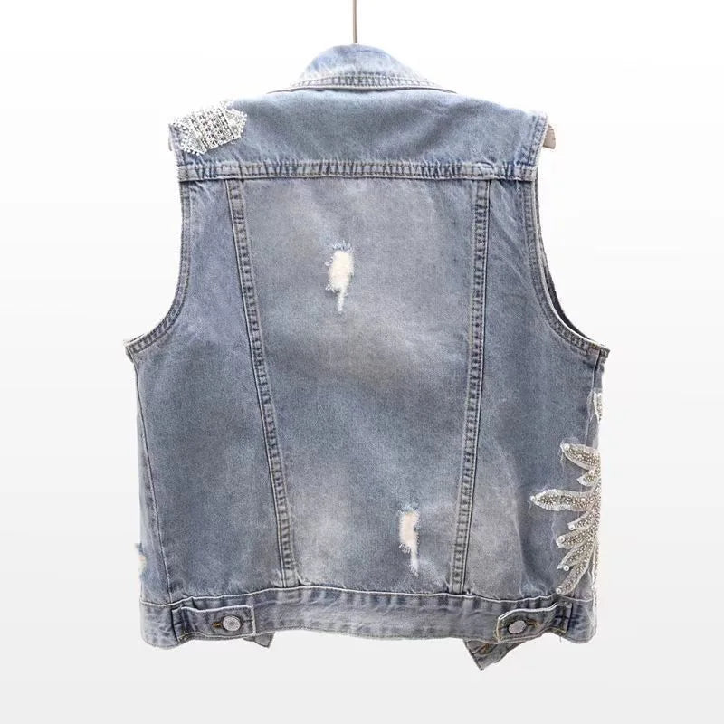 Fashion Lace Beaded Denim Vest Women Cardigan 2025 New Spring Sleeveless Jacket Fashion Loose Vintage Jeans Waistcoat Tide R359