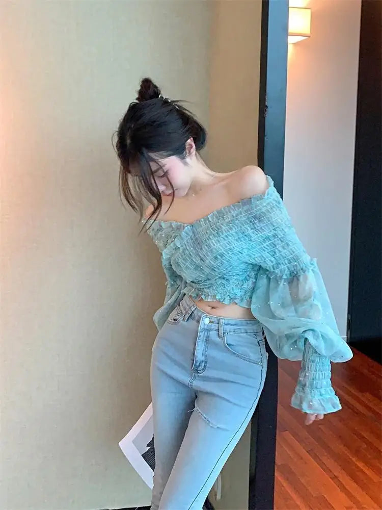 French Shoulder Chiffon Shirt for Women's Summer Design, Niche Shirt, Slim Fit Pleated Short Sleeved Top
