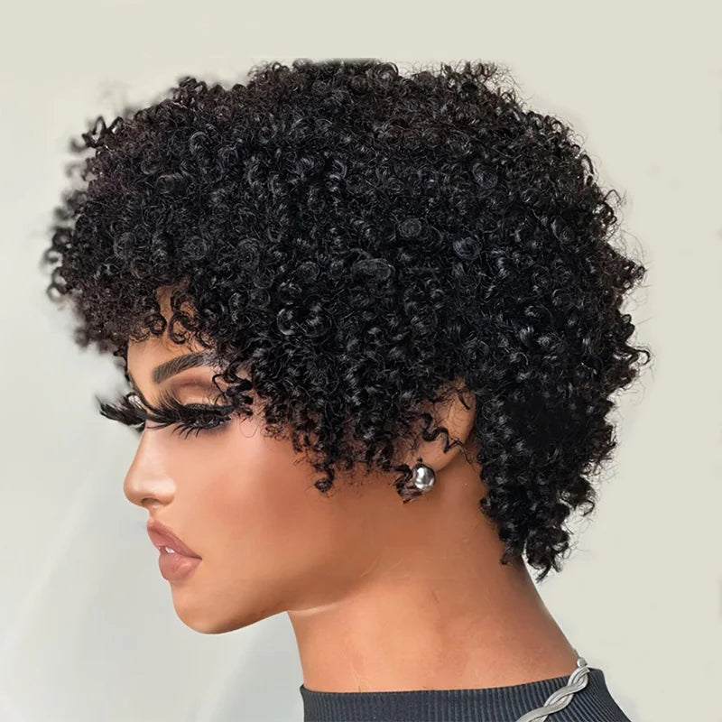 Short Afro Kinky Curly Human Hair Wigs With Bangs Brazilian Virgin Pixie Wig For Black Women 180% Density Full Machine Made Wig